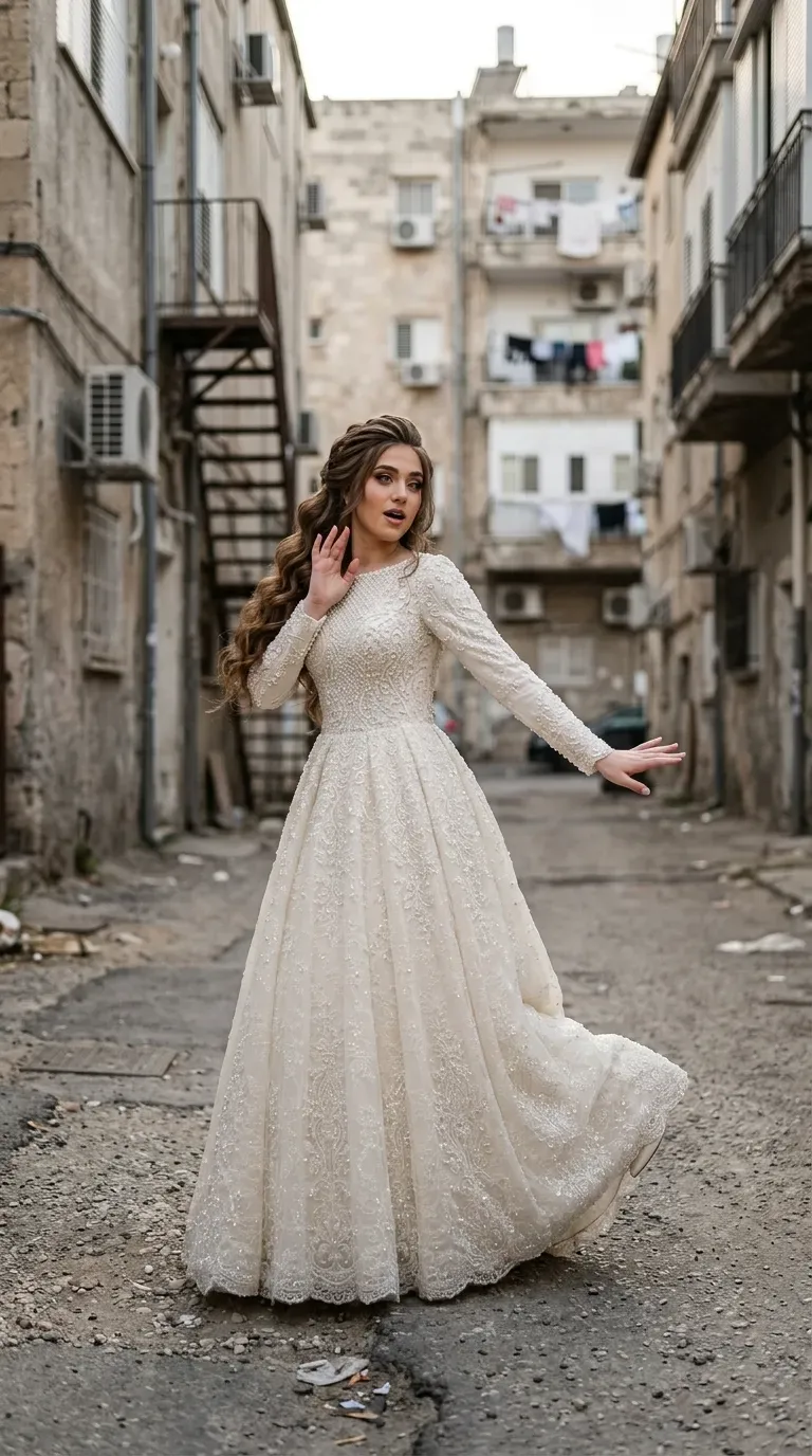 שמלת כלה צנועה תפורה בעיצוב אישי מבדים איכותיים ותחרות וחרוזים שרוולים ארוכים וצווארון סירה