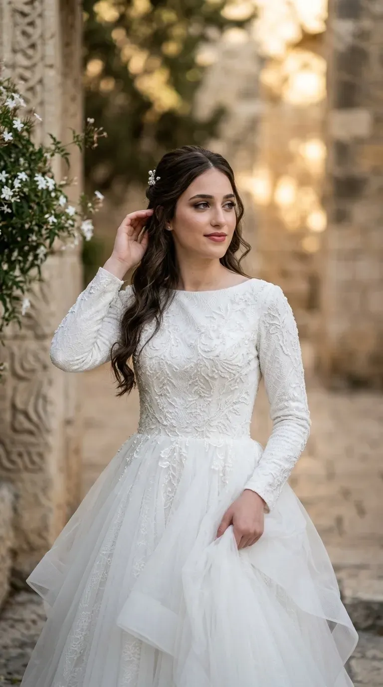 שמלת כלה לבנה בעלת שרוולים ארוכים צמודים וצווארון סירה סגור, המעוטרת ברקמת תחרה עשירה ובחרוזים עדינים לאורך כל חלק הגוף העליון. חלקה התחתון של השמלה מורכב מחצאית טול נפוחה ורבת שכבות בגזרת נסיכה, הכוללת אפליקציות תחרה המשתלבות מקו המותן אל תוך הבד.