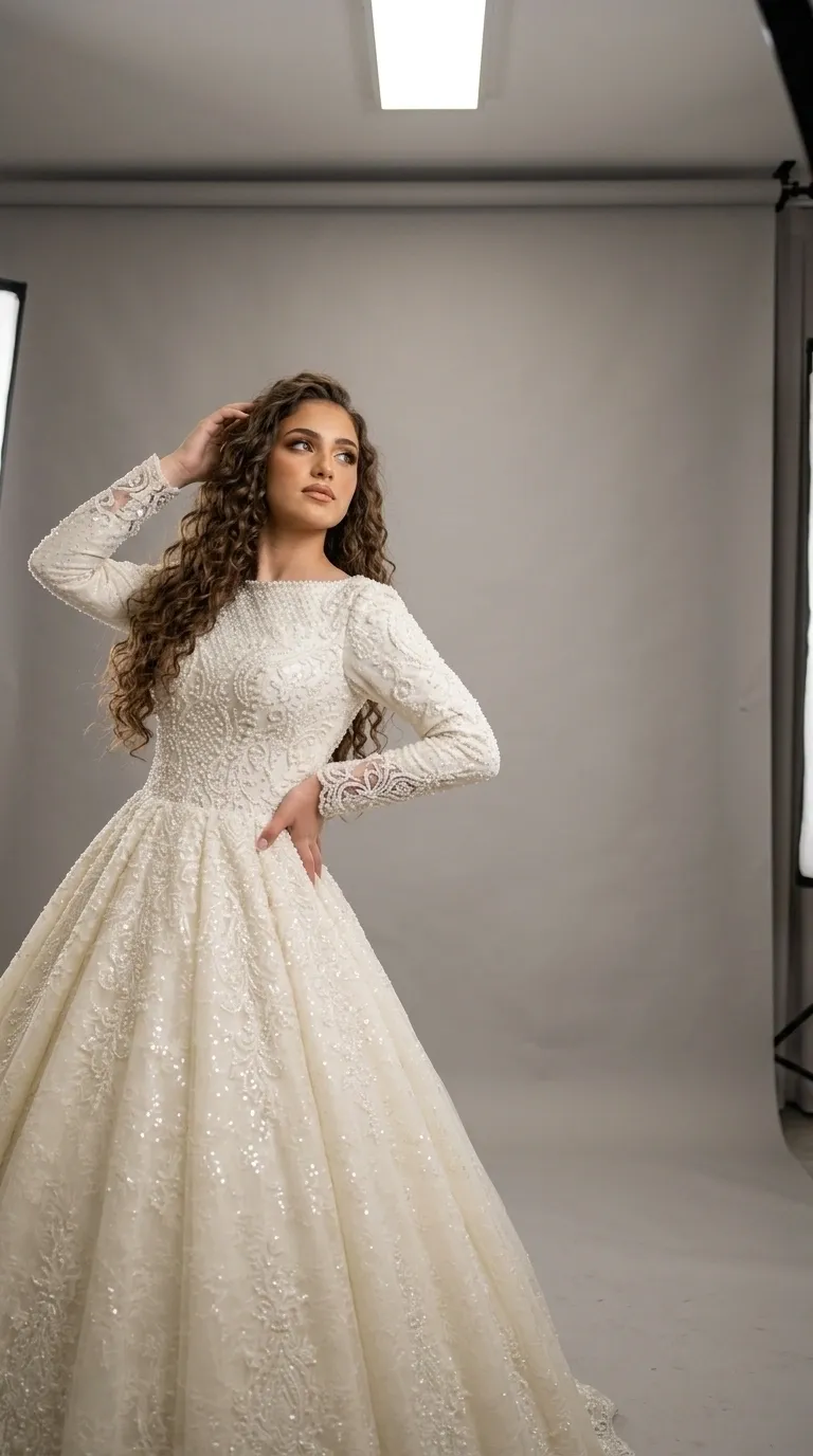A white wedding dress in a puffy princess cut, featuring long sleeves and a high, closed boat neckline. The garment is made of rich fabric decorated throughout with intricate lace embroidery, dense pearl-like beads at the top, and delicate sequin inlays that give it a luxurious, shimmering look.