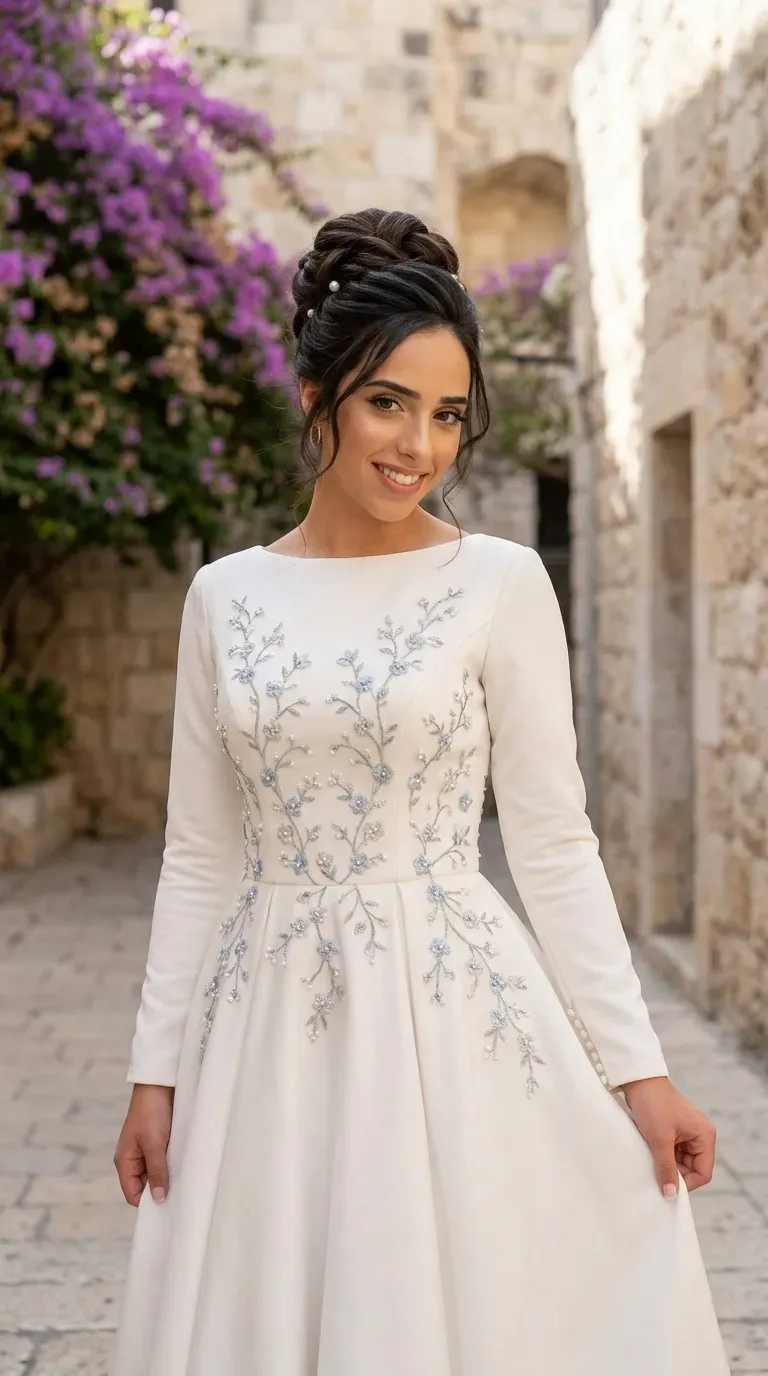 שמלת כלה לבנה בגזרת A-ליין מבד חלק ומט, בעלת צווארון סירה ושרוולים ארוכים המעוטרים בכפתורים קטנים בפרקי הידיים. חלק הגוף העליון והחלק העליון של החצאית בעלת הכפלים מעוטרים ברקמת פרחים וענפים עדינה בגווני כסף ותכלת, המשובצת בחרוזים ופנינים קטנות.