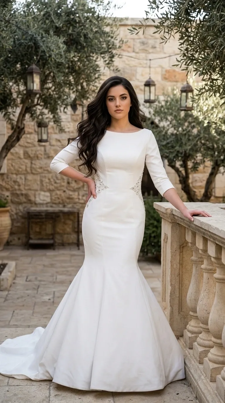 שמלת כלה לבנה בגזרת בת הים עשויה מבד חלק ומובנה, עם מחשוף סירה ושרוולים צמודים באורך שלושה רבעים. השמלה מעוטרת בצידי המותן ברקמת חרוזים ואבנים נוצצות בסגנון אורנמנטלי, ומתרחבת מאזור הברכיים ומטה לחצאית מלאה המסתיימת בשובל.