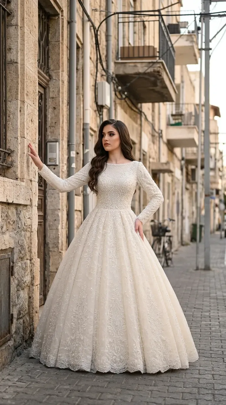 שמלת כלה בגזרת נסיכה נפוחה עם שרוולים ארוכים וצווארון סירה גבוה, העשויה מבד תחרה עשיר ומשובץ חרוזי פנינה ועיטורים מנצנצים לאורכה. השמלה כוללת מחוך צמוד המעוטר בדוגמאות רקמה סימטריות הממשיכות אל חצאית רחבה ומרשימה בעלת נפח רב וסיומת תחרה מעובדת.