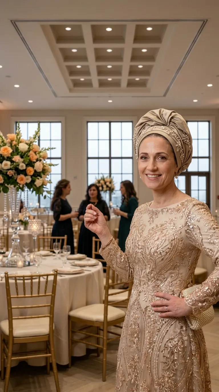 A champagne-colored evening dress with a slimming cut, long sleeves, and a high round neckline. The dress is made of a delicate fabric decorated throughout with intricate embroidery of floral patterns and shimmering sequins in shades of gold.