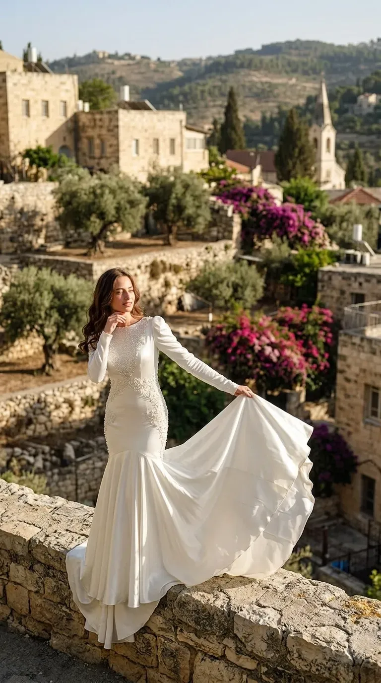 שמלת כלה לבנה בגזרת בת הים עשויה בד סאטן מבריק, בעלת שרוולים ארוכים עם נפח קל בכתפיים וצווארון עגול וסגור. המחוך וצידי הירכיים מעוטרים בעיטורי פנינים וחרוזים צפופים בדוגמה פרחונית, בעוד החצאית מתרחבת בדרמטיות מאזור הברכיים לשובל ארוך וזורם.
