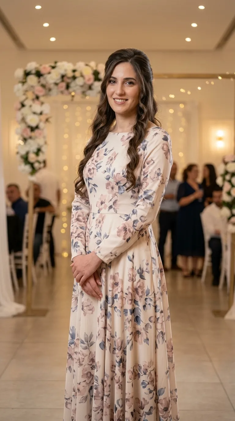 A long A-line evening dress made of cream-colored flowing fabric with a delicate floral print in shades of pink and blue. The dress features long, fitted sleeves, a high round neckline, and a flared skirt that flows in soft pleats to the floor.