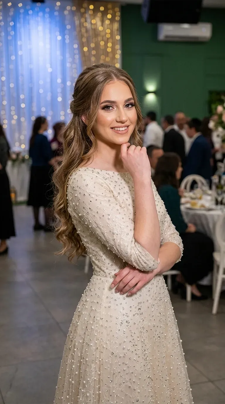 שמלת ערב בגוון שמנת בעלת מחשוף סירה ושרוולים באורך שלושה רבעים, העשויה מבד תחרה עדין. השמלה מעוטרת לכל אורכה בצפיפות בחרוזים דמויי פנינים קטנים ונוצצים, וגזרתה צמודה במותן ומתרחבת כלפי מטה.