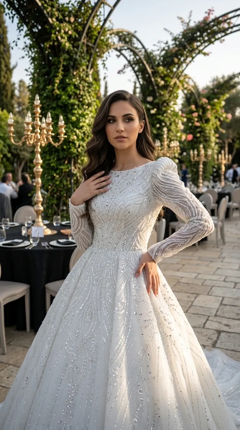 A princess-cut wedding dress with a puffy skirt, a round neckline, and long sleeves with volume at the shoulders. The dress is decorated throughout with wavy and geometric patterns of dense rhyme, silver sequins, and sparkling stones on a delicate fabric. The rich embellishments create a luxurious and shimmering look from the shoulders to the wide hem of the dress.