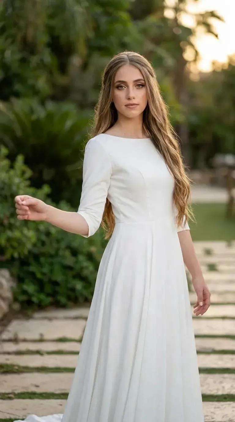שמלת כלה לבנה וחלקה בגזרת A, הכוללת חלק עליון צמוד, חצאית נשפכת ומחשוף סירה קלאסי. השמלה מעוצבת עם שרוולים באורך שלושה רבעים ועשויה מבד מט במראה נקי ללא עיטורים, תחרה או חרוזים.