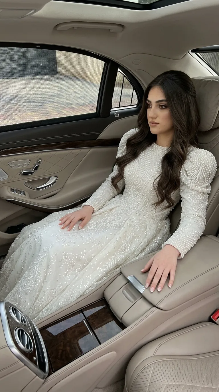 A white A-line wedding dress with a high round neckline and long sleeves with puffed shoulders, decorated throughout with pearls and dense beads. The bodice and sleeves are covered in rich pearl embroidery in wavy patterns, while the tulle skirt is decorated with vertical lace trim and shimmering sequins.