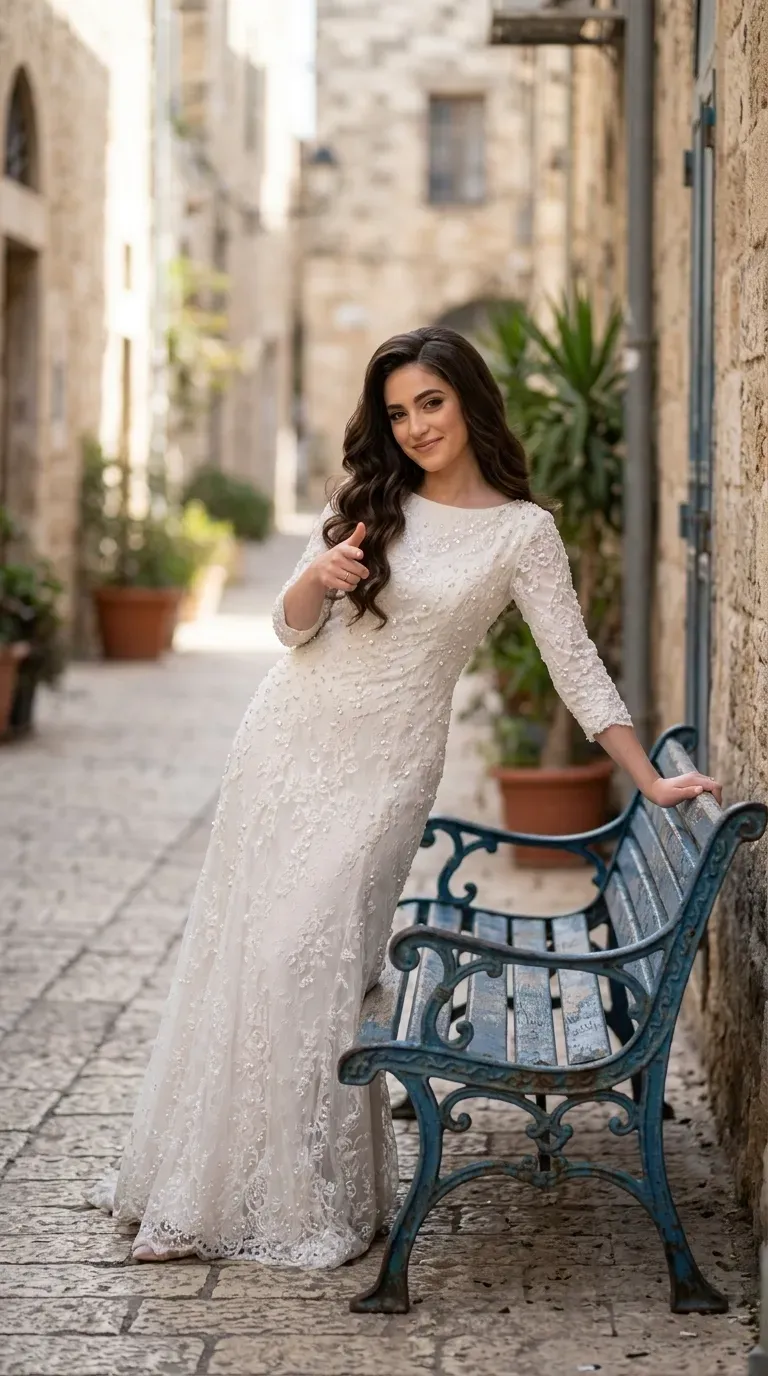 שמלת כלה ארוכה בגזרת גוף מעודנת עם מחשוף סירה גבוה ושרוולים באורך שלושה רבעים. הבגד עשוי כולו מבד תחרה עשיר המעוטר ברקמה פרחונית, חרוזים ופנינים קטנות המשולבים לכל אורכו ומעניקים לו מראה יוקרתי ומרקם תלת-ממדי.