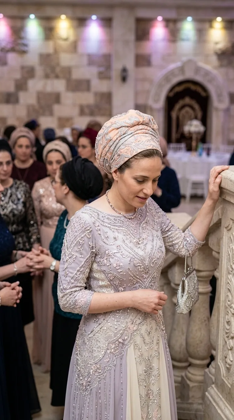 A lavender-purple evening dress with three-quarter sleeves and a round neckline, decorated with rich embroidery of beads and sequins in floral and geometric patterns. The dress is fitted at the top and flares downwards, combining cream-colored fabric with vertical beaded stripes, and a matching turban-style headpiece with similar embroidery.
