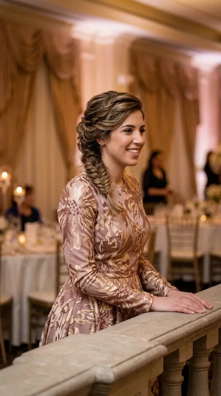 An A-line evening dress with a cinched waist, made of antique pink brocade with a gold floral pattern in a prominent texture. The dress has a round neckline and long, tight sleeves, and is decorated with small burgundy beaded inlays scattered in groups on the torso and sleeves.