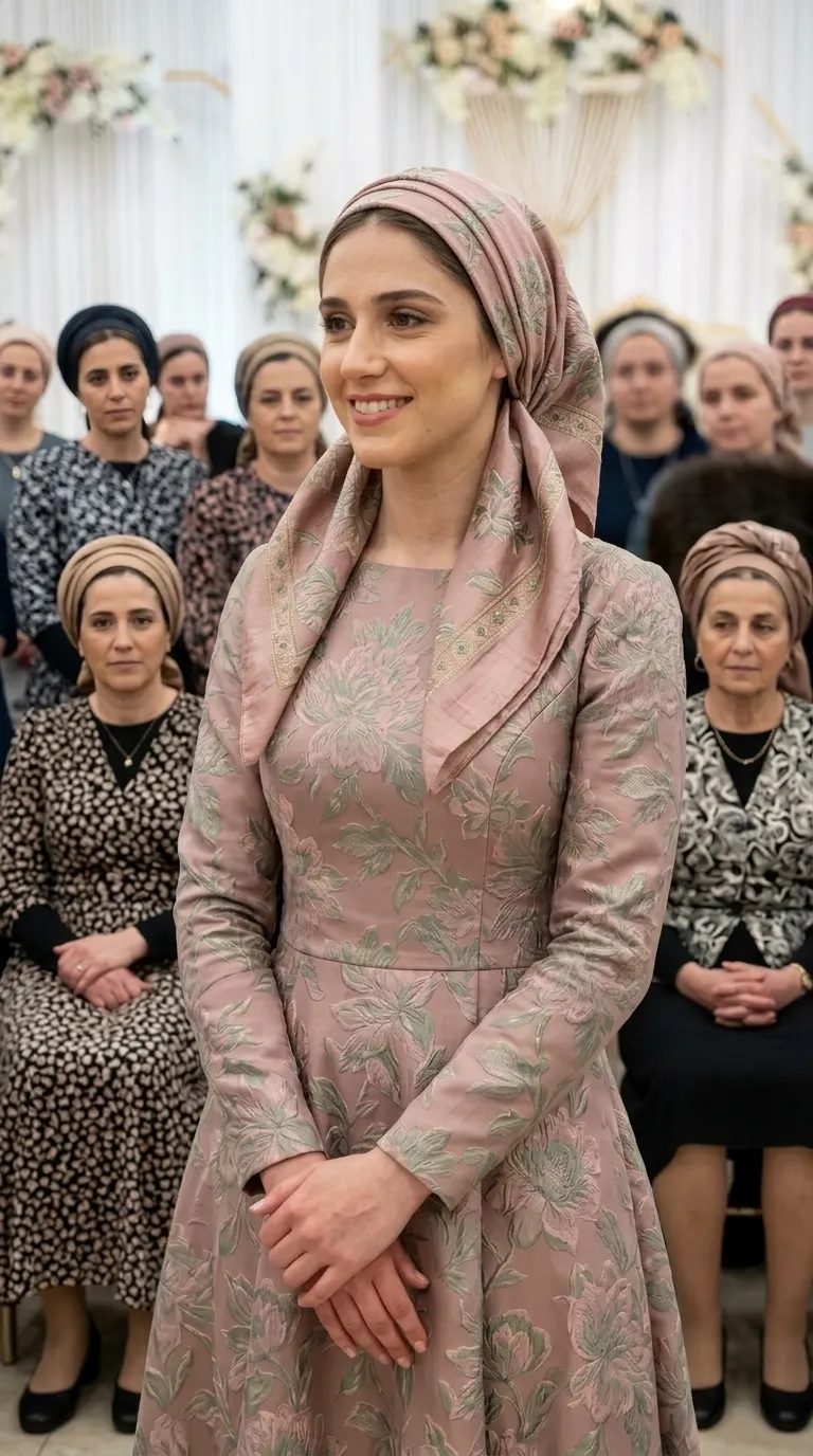 An A-line evening dress made of a richly textured jacquard fabric with large floral patterns in shades of antique pink and green. The dress has a closed round neckline and long, tight sleeves that fit into the fitted waist. The skirt of the dress flares downwards in a wide fall, creating an elegant and structured look.