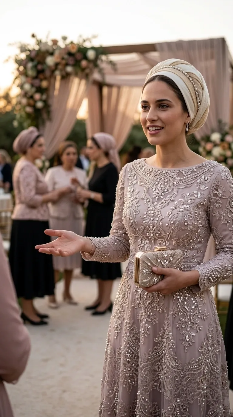 A modest wedding dress sewn with a personal design from high-quality fabrics and lace and beads, long sleeves and a boat neck.