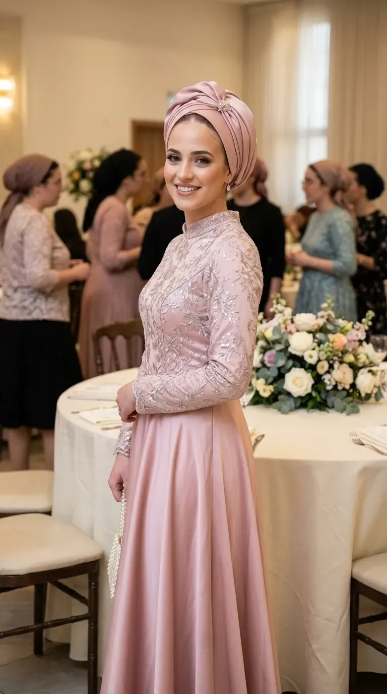An antique pink evening gown with a princess cut, featuring a high-necked top and long sleeves adorned with rich lace embroidery and sparkling sequins. The dress's long, flowing skirt is made of smooth satin fabric with a subtle sheen, and is paired with a matching turban-style headpiece adorned with a studded brooch.