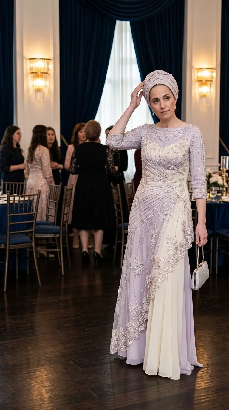 A full-length evening gown in shades of lilac and cream, featuring a high boat neckline and three-quarter sleeves adorned with rows of beads and sequins. The dress is made of flowing chiffon and incorporates floral lace appliqués and rich beading that runs diagonally along the body. The silhouette is designed in an asymmetrical wrap style that gently flares downwards, creating a layered look in two colors.