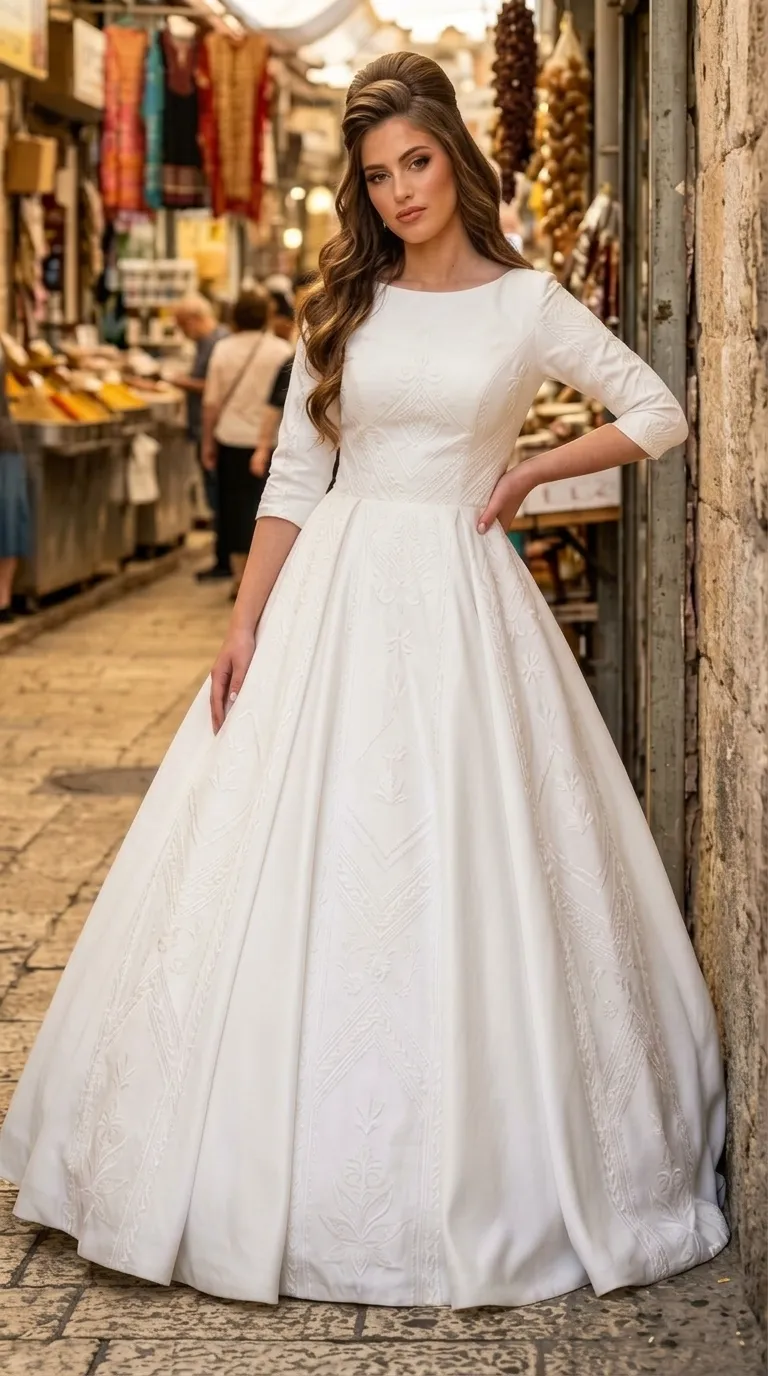 שמלת כלה לבנה בגזרת A בעלת שרוולי שלושת-רבעי צמודים ומחשוף סירה סגור וקלאסי. השמלה עשויה מבד עשיר המעוטר ברקמה עדינה בטון על טון עם דוגמאות גיאומטריות וצמחיות המופיעות על החלק העליון ולאורך החצאית הנפוחה. החצאית כוללת כפלים רחבים במותן המעניקים לה מראה מובנה ומלכותי.