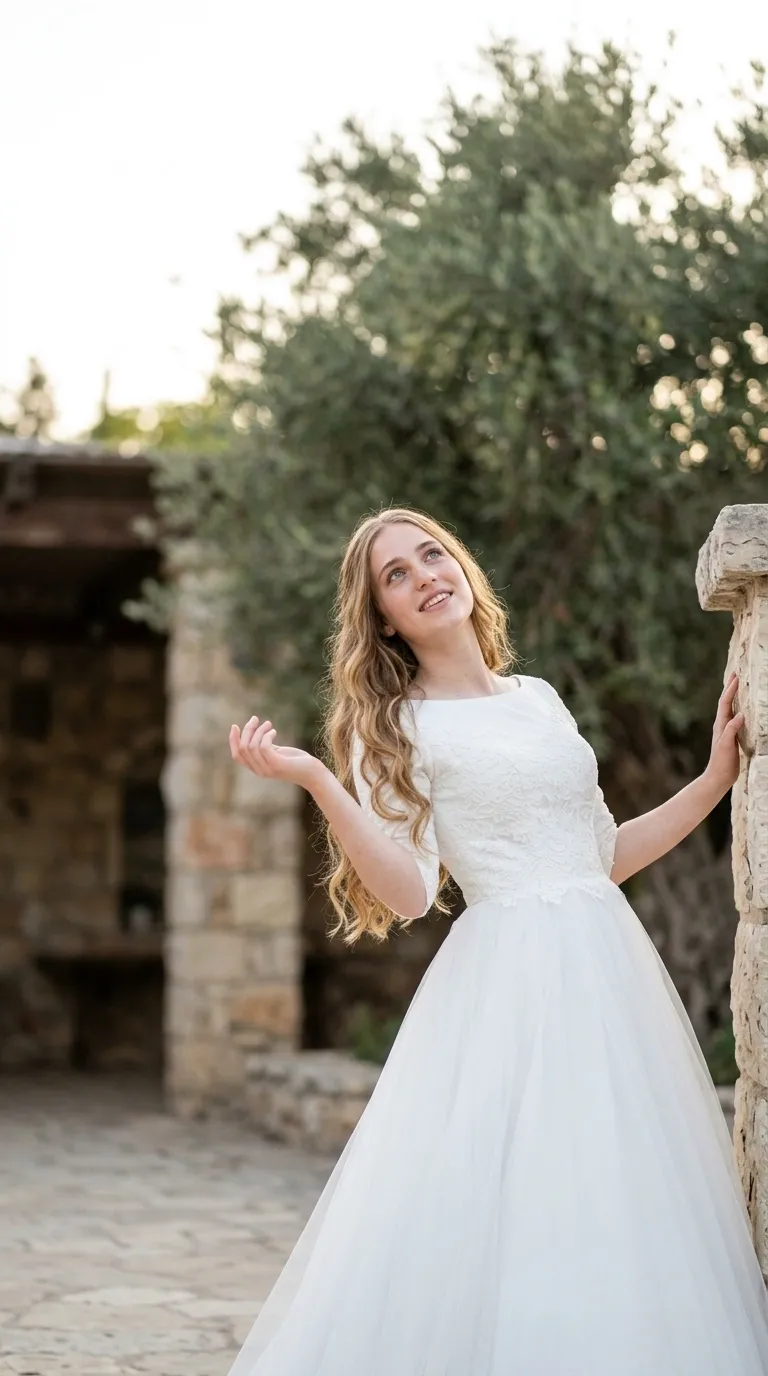 שמלת כלה לבנה הכוללת חלק עליון עשוי תחרה פרחונית עם מחשוף סירה ושרוולים המגיעים עד המרפק. מהמותן המודגשת נשפכת חצאית נפוחה ועשירה העשויה משכבות רבות של בד טול רך ואוורירי בגזרת A קלאסית.