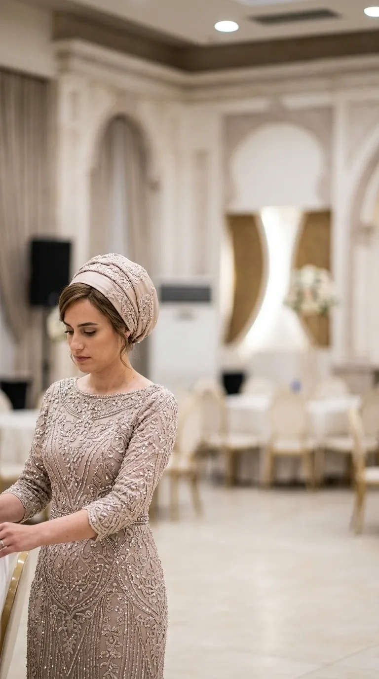 A beige evening dress with three-quarter sleeves and a round neckline, decorated throughout with beaded and sequined embroidery rich in intricate patterns. The dress has a tight, slimming cut, and is accompanied by a matching headpiece decorated with the same beading technique and sparkling embroidery.