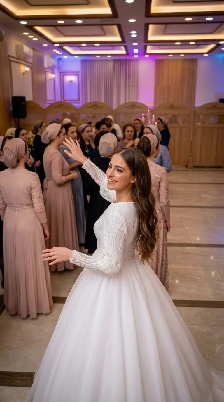 שמלת כלה לבנה בגזרת פרינסס עם חצאית טול רחבה ונפוחה המחוברת לחלק עליון צמוד בעל צווארון עגול וסגור. השמלה מתאפיינת בשרוולים ארוכים ותפוחים המעוטרים ברקמת תחרה עדינה בדוגמאות אנכיות ובשורת כפתורים קטנים לאורך הגב. הבגד משלב בד חלק ואטום במחוך עם שכבות טול אווריריות בחצאית ועיטורי רקמה עדינים על השרוולים.