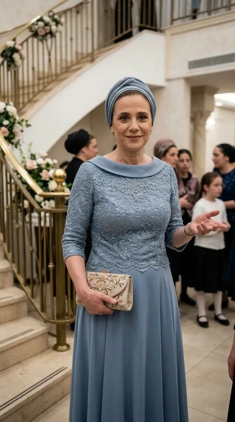 A dusty blue evening gown featuring a rich lace bodice with floral and delicate beading, and three-quarter length sleeves. The boat neckline is finished with a smooth, pleated fabric, and the bodice ends in a wavy lace hem over a flowing, wide-cut fabric skirt.