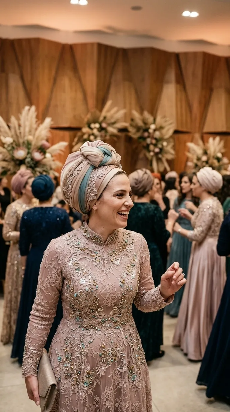 An antique pink evening gown made of rich lace, featuring long sleeves and a high, decorated Chinese collar. The dress is A-line with a fitted bodice and a flared skirt, and is decorated throughout with floral embroidery, pearls, and rhinestones in shades of light blue and gold.