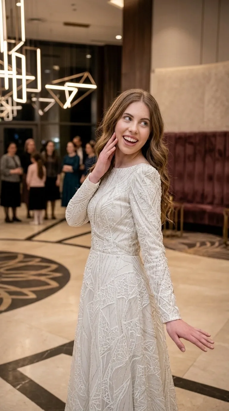 שמלת ערב לבנה וצנועה בגזרת A, הכוללת שרוולים ארוכים וצווארון סירה גבוה וסגור. השמלה עשויה מבד עשיר המכוסה כולו ברקמות גיאומטריות מורכבות, חרוזים ועיטורים מנצנצים היוצרים טקסטורה בולטת לכל אורכה.
