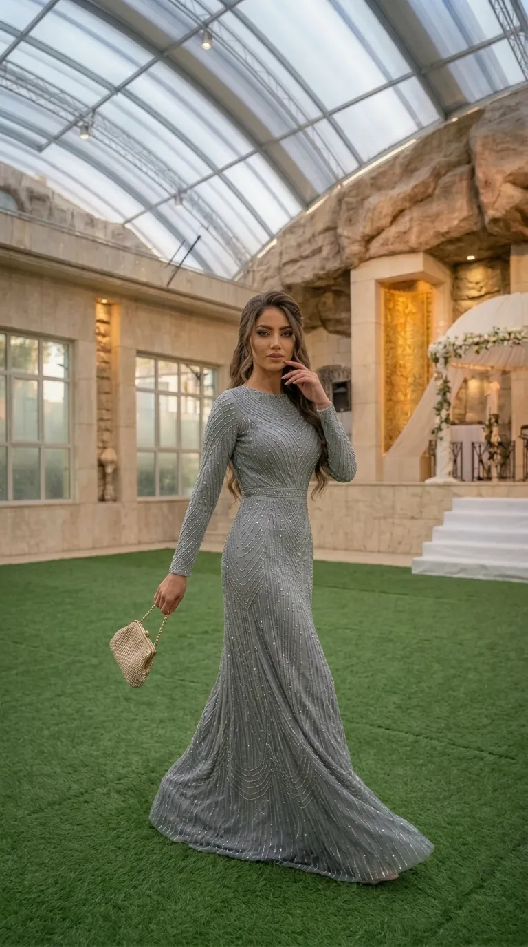 A long silver-gray evening dress with long fitted sleeves and a round, closed collar. The fabric is decorated with intricate patterns of beads and sparkles in wavy, vertical lines that cover the entire garment, creating a rich look. The dress is fitted at the waist and continues down into a flowing skirt that flares slightly toward the floor.