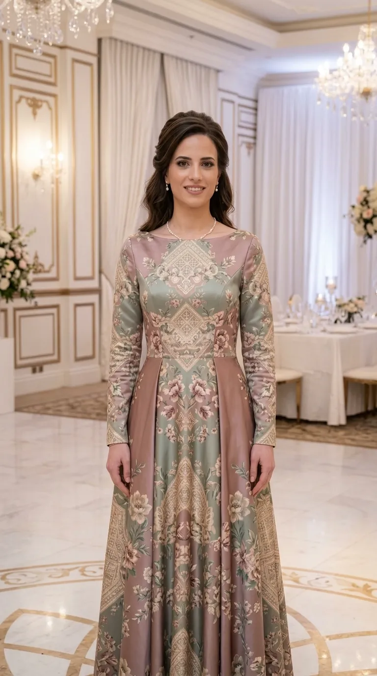 A-line long evening dress made of brocade with a subtle sheen, decorated with intricate floral and geometric patterns in shades of sage green, antique pink and cream. The dress has long, fitted sleeves, a classic boat neckline and a wide skirt with built-in pleats that accentuate the waistline.