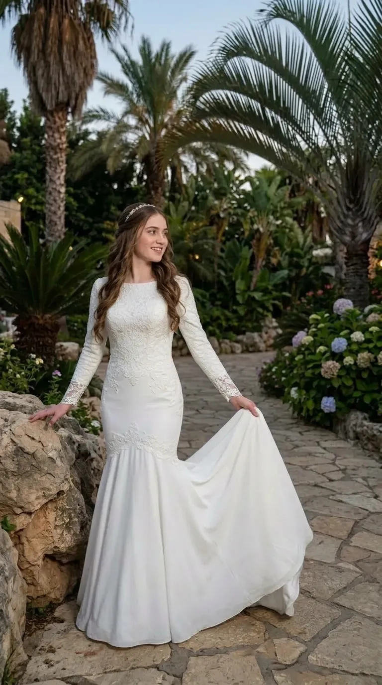 שמלת כלה לבנה בגזרת בת-ים צמודה עם מחשוף סירה ושרוולים ארוכים המעוטרים בתחרה פרחונית עדינה. פלג הגוף העליון והירכיים מעוטרים באפליקציות תחרה, המתמזגות לחצאית חלקה מבד נשפך המתרחבת כלפי מטה.