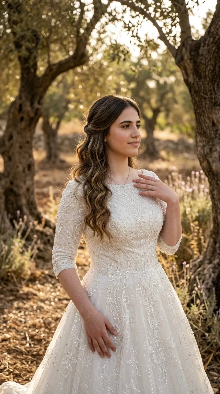 שמלת כלה בגוון שמנת בגזרת A קלאסית, הכוללת מחשוף סירה גבוה ושרוולים באורך שלושה רבעים. הבד מעוטר לכל אורכו ברקמות תחרה מורכבות, חרוזים ופייטים נוצצים המעוצבים בדוגמאות אורנמנטליות סימטריות. השמלה בעלת מותן מודגשת וחצאית רחבה ונשפכת עם עיטורים עשירים.