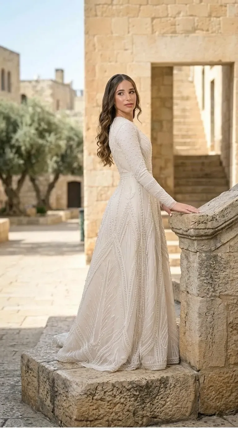 שמלת כלה בגוון אוף-וויט בגזרת A עם שרוולים ארוכים צמודים וצווארון עגול וגבוה. השמלה עשויה בד טול עדין ומעוטרת לכל אורכה בדוגמאות גאומטריות ודמויות עלים העשויות מפנינים וחרוזים צפופים. החלק העליון צמוד במותן והחצאית המלאה נשפכת עד לרצפה בעיטורי חריזה עשירים ומרשימים.