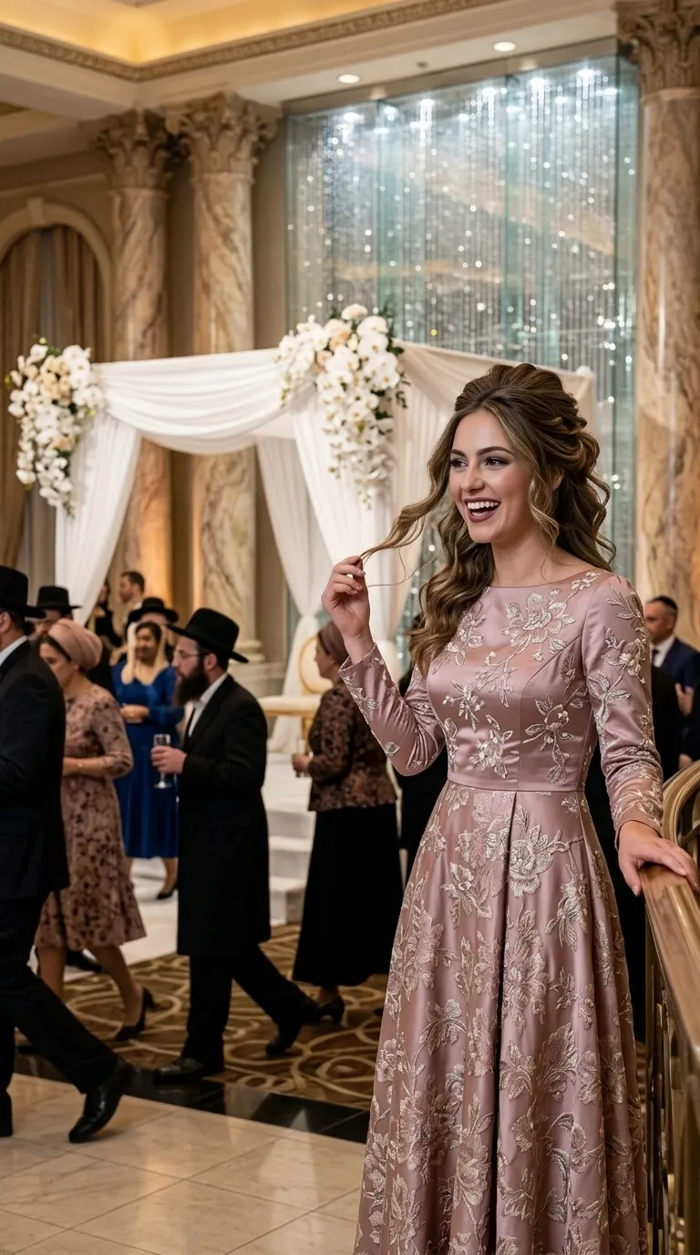 An A-line evening dress in antique pink satin, featuring a high boat neckline and long, fitted sleeves. The dress is decorated throughout with rich floral embroidery in silver tones and delicate beads, with a wide skirt that flares from the waistline and incorporates pleats to create volume.