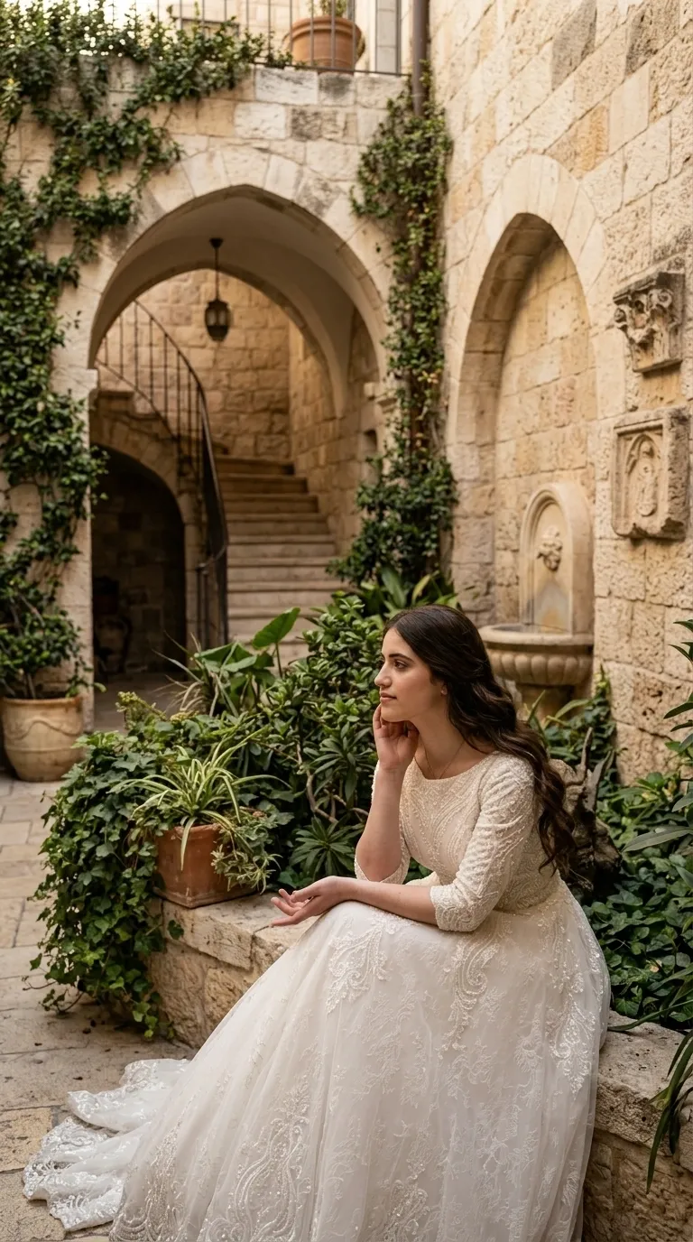 שמלת כלה בגוון אוף-וויט בעלת מחשוף סירה צנוע ושרוולי שלושה רבעים המעוטרים בתחרה עשירה ובעבודת חרוזים עדינה. השמלה בעלת גזרה מלאה עם חצאית טול רחבה המשלבת אפליקציות תחרה בדוגמאות אורנמנטליות הממשיכות אל שובל ארוך.