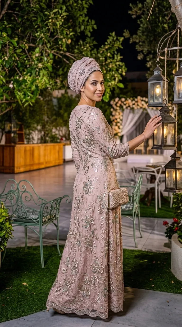 A modest evening dress in an antique pink shade made of rich lace fabric with embroidered floral decorations, beads and shimmering sequins along its length. The dress has a long cut that gently flares downwards, tight three-quarter length sleeves and a closed round collar. The hem of the skirt ends with a wavy and decorated lace trim that gives the garment an elegant and luxurious look.