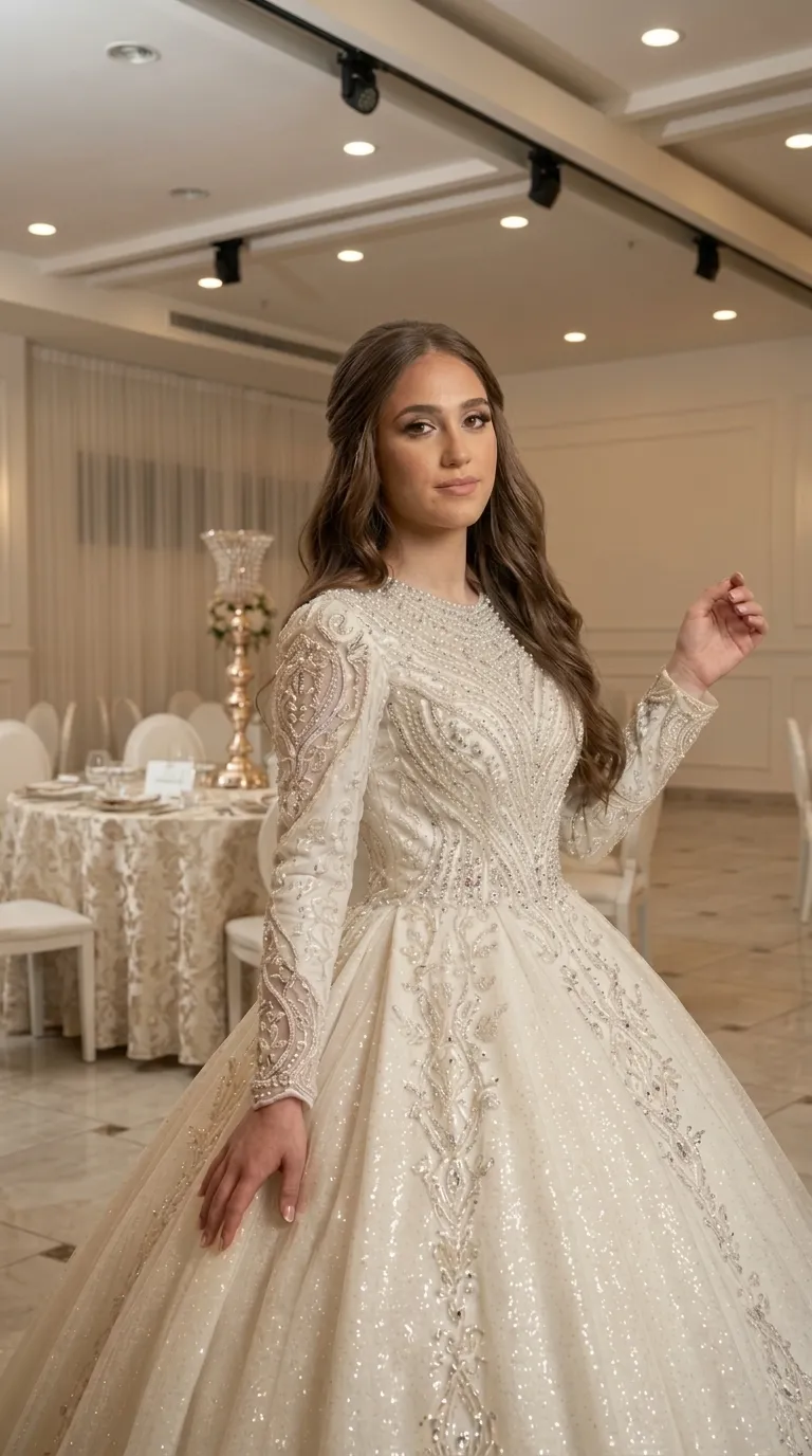 A puffy princess-cut wedding dress made of a shimmering, luxurious fabric. The top features a closed round neckline and long sleeves adorned with rich handwork of beads, pearls, and lace embroidery in intricate patterns. The embroidery and beading continues from the waist down the length of the skirt in vertical patterns that give a rich and detailed look.