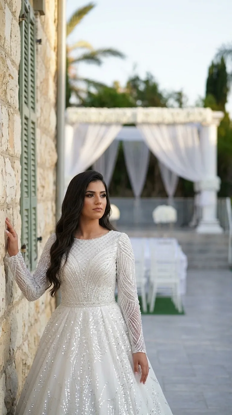 A white A-line wedding dress with puffy long sleeves and a round neckline, adorned with beaded and sequined embroidery throughout in geometric patterns and sparkling curved lines. The semi-sheer sleeves and thin waist belt complete the shimmering design that extends from the fitted top to the full skirt.