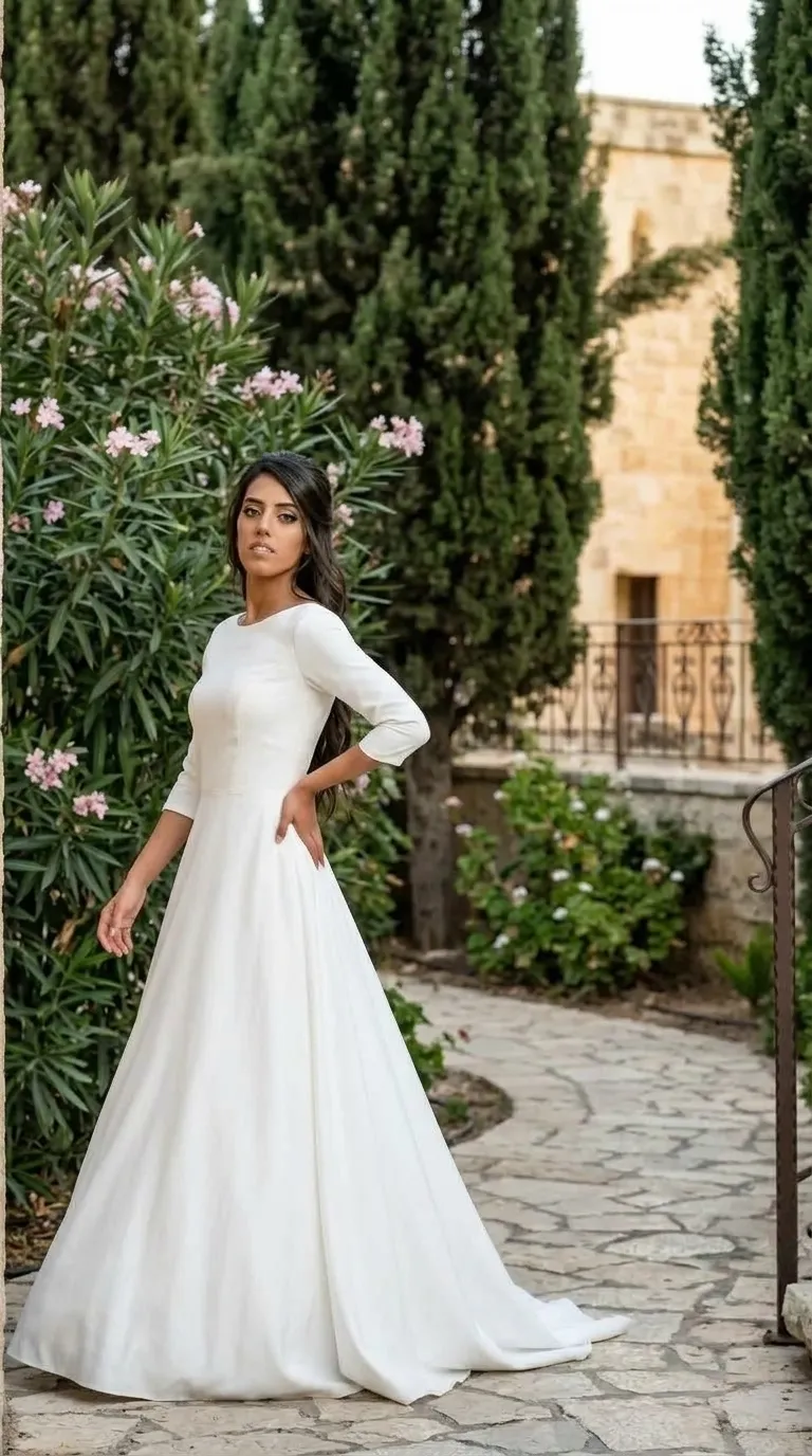 שמלת כלה לבנה בגזרת A העשויה מבד חלק ואיכותי, עם צווארון עגול ושרוולים צמודים באורך שלושה רבעים. השמלה מתאפיינת במראה מינימליסטי ונקי ללא עיטורי תחרה או חרוזים, וכוללת חצאית רחבה המתרחבת כלפי מטה ומסתיימת בשובל עדין.