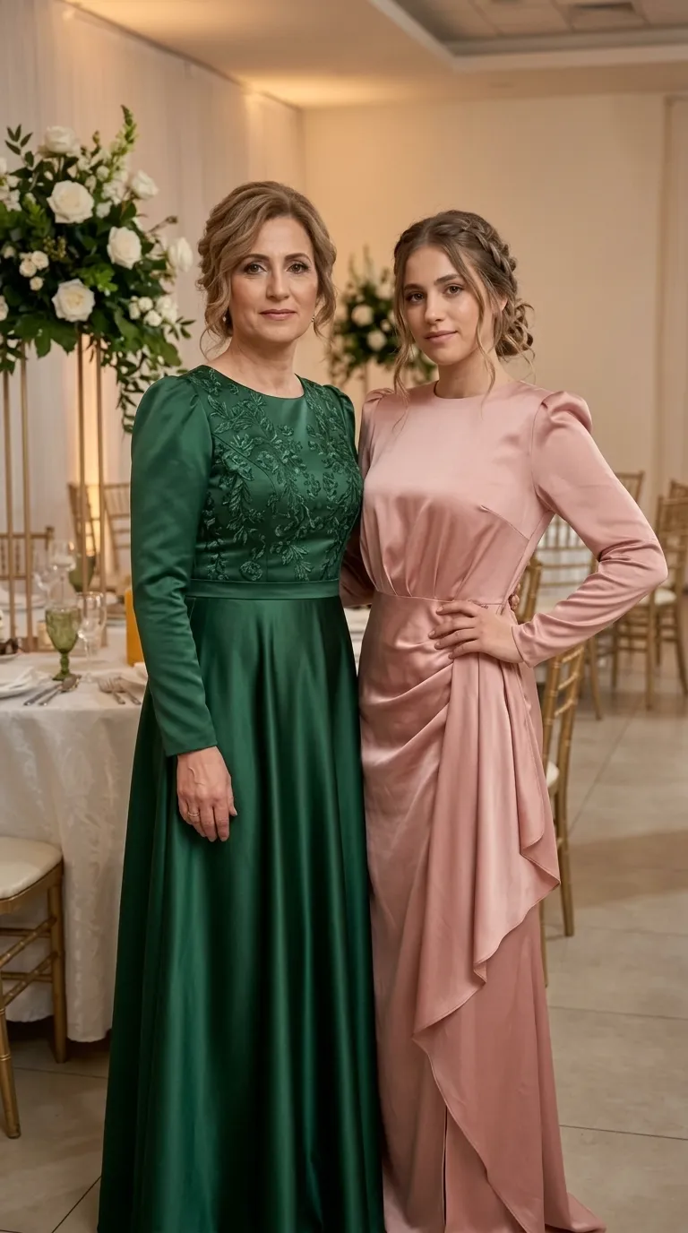 A green A-line evening dress featuring a top decorated with floral lace embroidery, a round neckline, long sleeves with a slight volume at the shoulders, and a smooth satin skirt. Alongside it is a pink satin dress with long sleeves, a closed collar, and elegant gathers at the waist that end in flowing velvet along the length of the skirt.