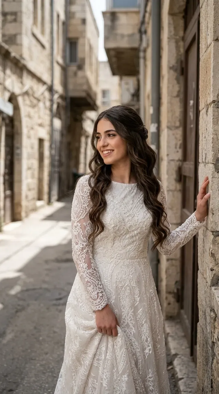 שמלת כלה לבנה בגזרת A קלאסית, הכוללת שרוולים ארוכים מתחרה שקופה למחצה וצווארון עגול וסגור. השמלה מעוטרת לכל אורכה בדוגמאות תחרה ורקמה מורכבות ועשירות, המכסות את פלג הגוף העליון והחצאית הזורמת.
