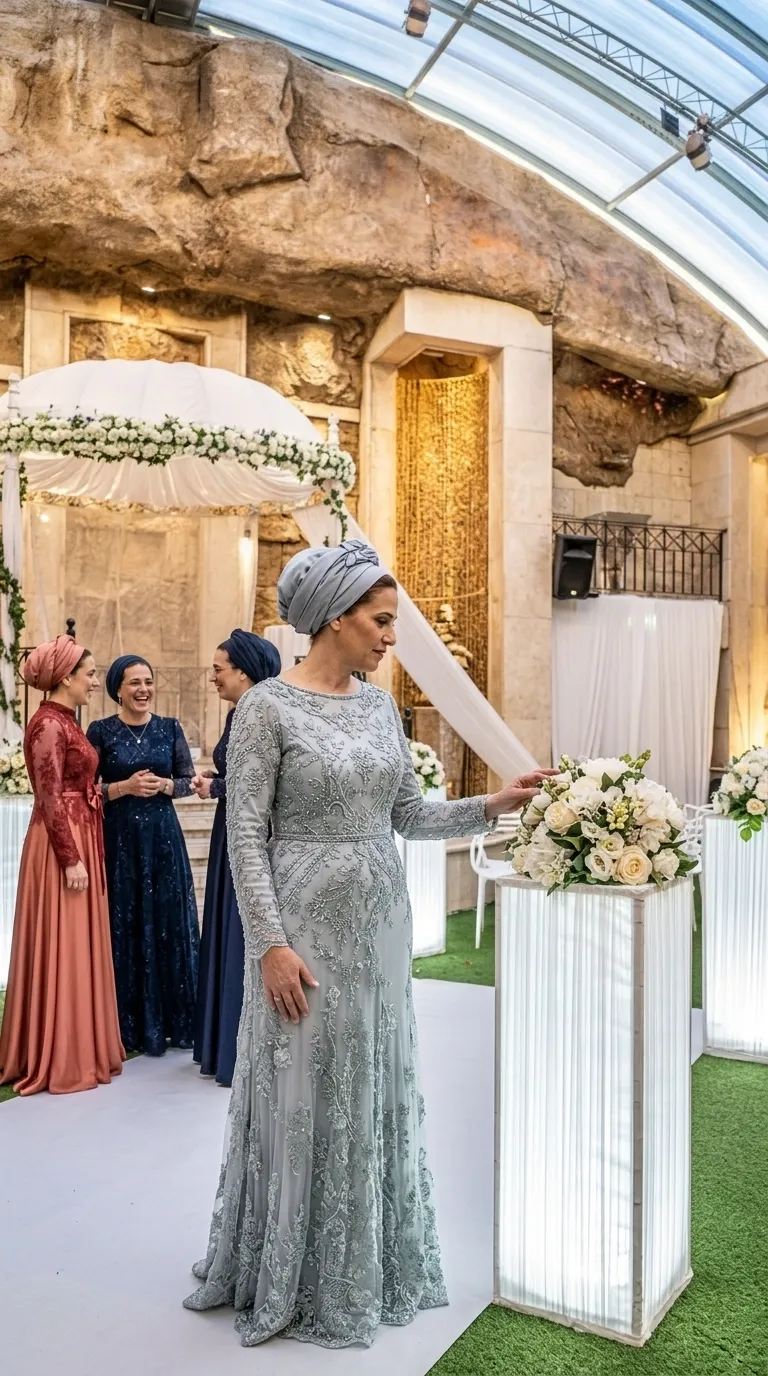 A light blue-gray evening dress in an A-line cut, featuring long fitted sleeves and a round, closed collar. The dress is made of delicate mesh fabric covered entirely in rich floral embroidery, beads and sparkling stone inlays throughout. A thin beaded belt emphasizes the waistline, and the skirt flows softly to the floor with matching embellishments.