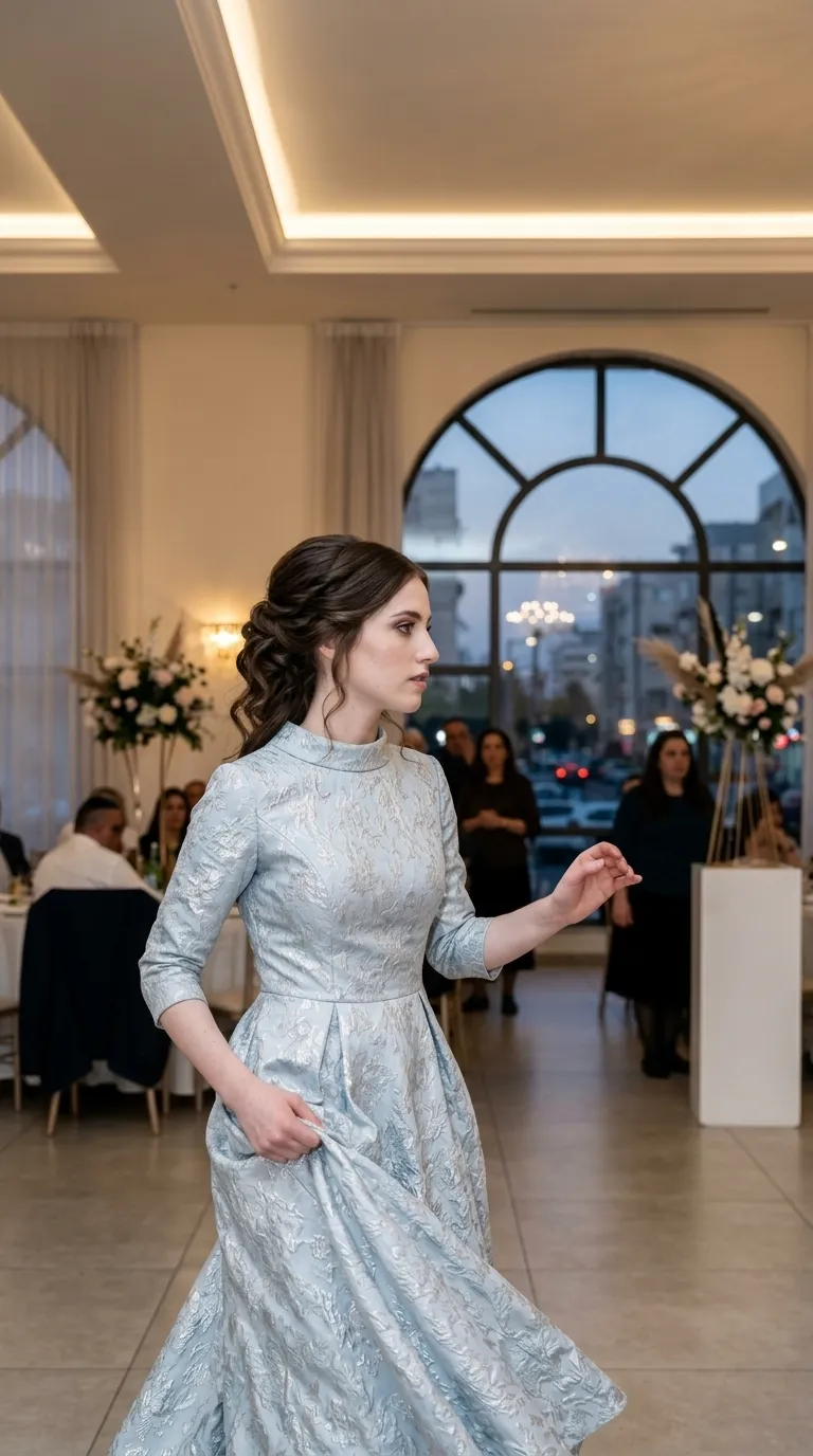 An A-line evening dress made of silver-blue jacquard fabric with a rich, prominent floral texture throughout. The dress is designed with a high Chinese collar, three-quarter-length sleeves, and a wide skirt that includes deep gathers at the waistline to create volume.