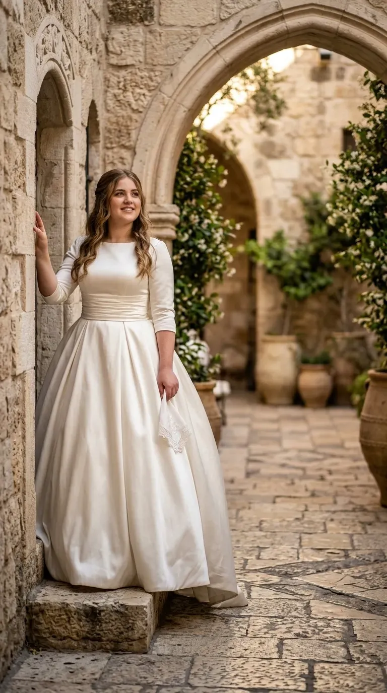 שמלת כלה קלאסית מבד סאטן חלק עם מחשוף סירה גבוה ושרוולים צמודים באורך שלושה רבעים. השמלה כוללת חגורת מותן רחבה בעיטור כיווצים אופקיים וחצאית נפוחה ועשירה בגזרת A עם קפלים עמוקים. המראה נקי ומינימליסטי ללא עיטורי תחרה או חרוזים גלויים.