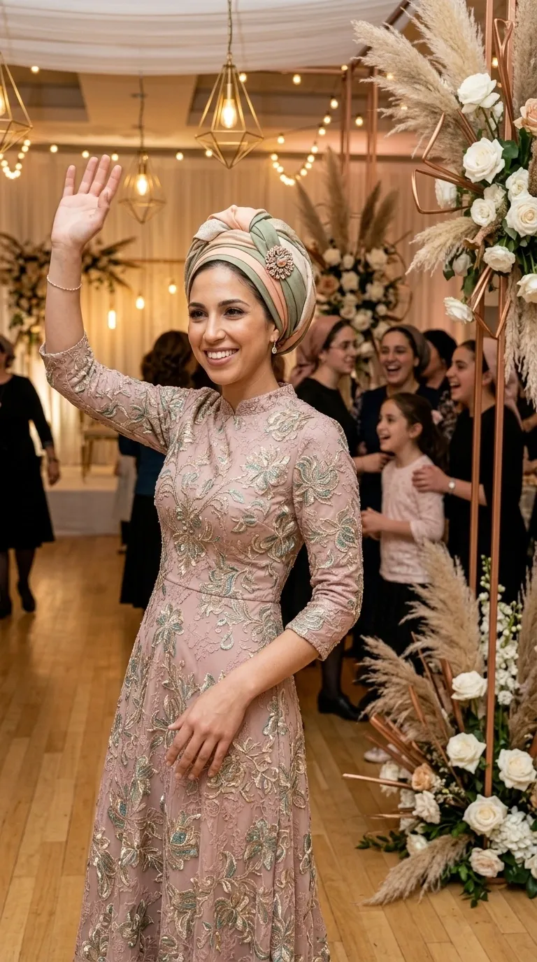 An A-line evening dress in an antique pink shade, made of delicate lace fabric decorated with rich floral embroidery in shades of green and gold with a delicate combination of beads. The dress has a high collar and tight three-quarter length sleeves, emphasizing the tailored silhouette that flares from the waist down.
