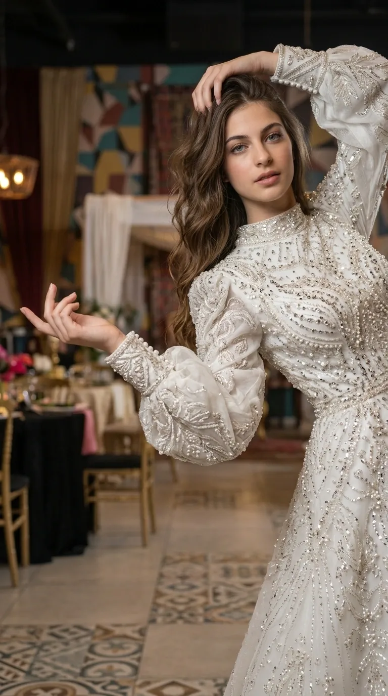 A high-necked wedding dress with a waist-high cut, decorated entirely with rich handwork of beads, sequins and pearls in intricate patterns. The dress has puffy balloon sleeves made of semi-sheer fabric with long, decorated cuffs, giving it a luxurious and sparkling look. The decorations combine floral and geometric motifs on a delicate tulle fabric.