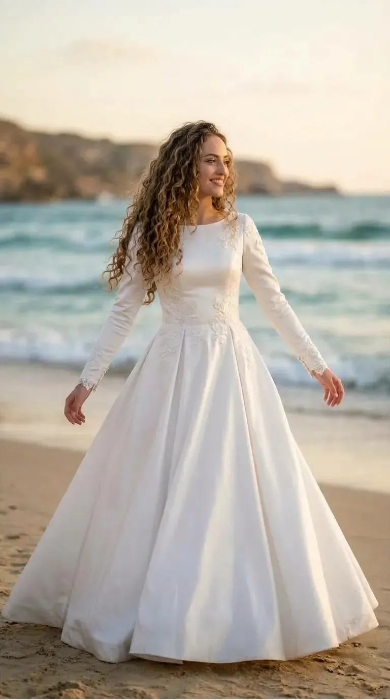 שמלת כלה בגוון שנהב מבד סאטן בעלת מחשוף סירה גבוה ושרוולים ארוכים המעוטרים באפליקציות תחרה בכתפיים ובפרקי הידיים. לשמלה חלק עליון צמוד עם עיטורי רקמה עדינים וחצאית נפוחה ורחבה בגזרת A הכוללת קפלים מובנים בקו המותן.
