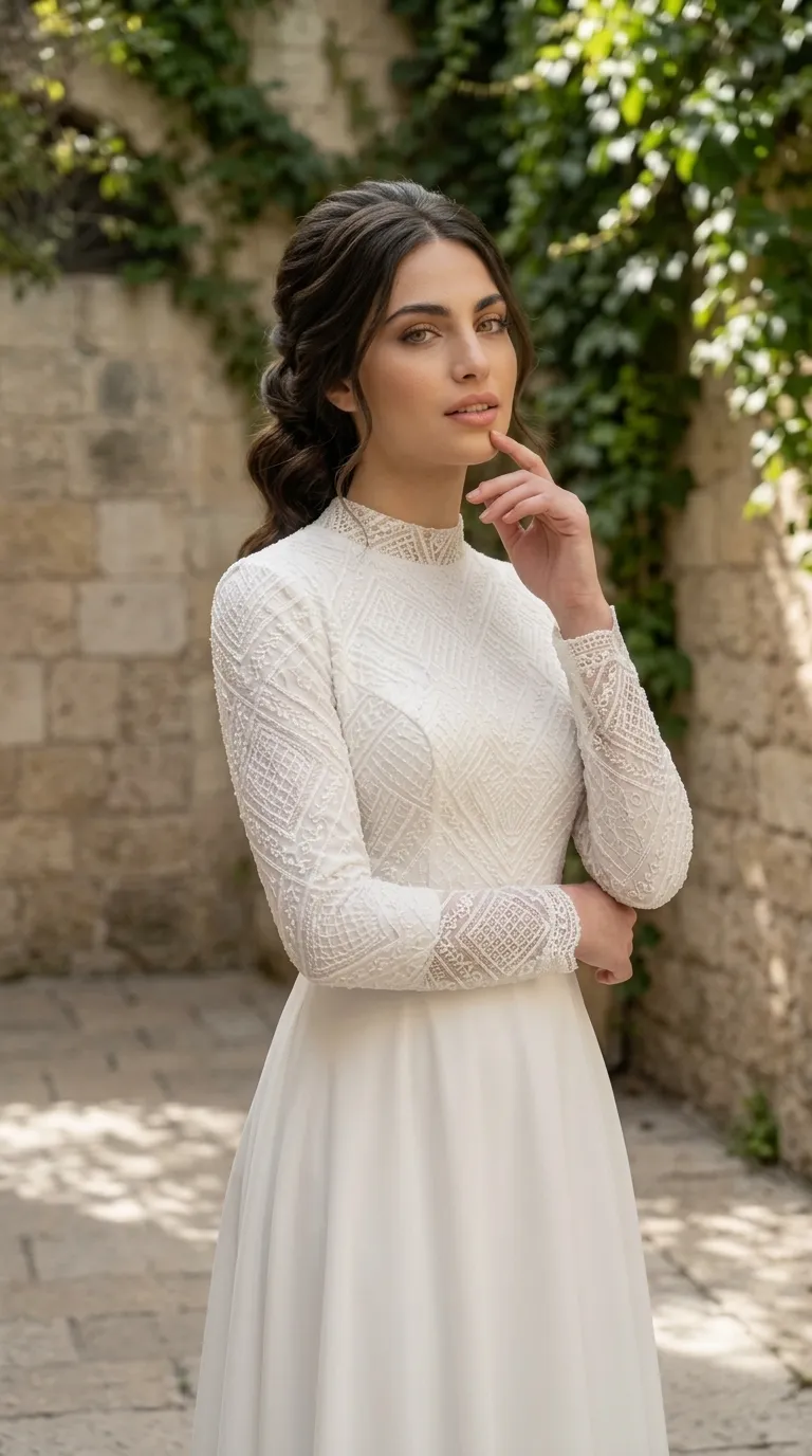 שמלת כלה לבנה בגזרת A הכוללת חלק עליון ושרוולים ארוכים המעוטרים בתחרה עשירה בדוגמאות גיאומטריות ועיטורי חרוזים עדינים. השמלה בעלת צווארון גבוה מתחרה תואמת וחצאית חלקה מבד נשפך המתחילה מקו המותן בנפילה רכה.