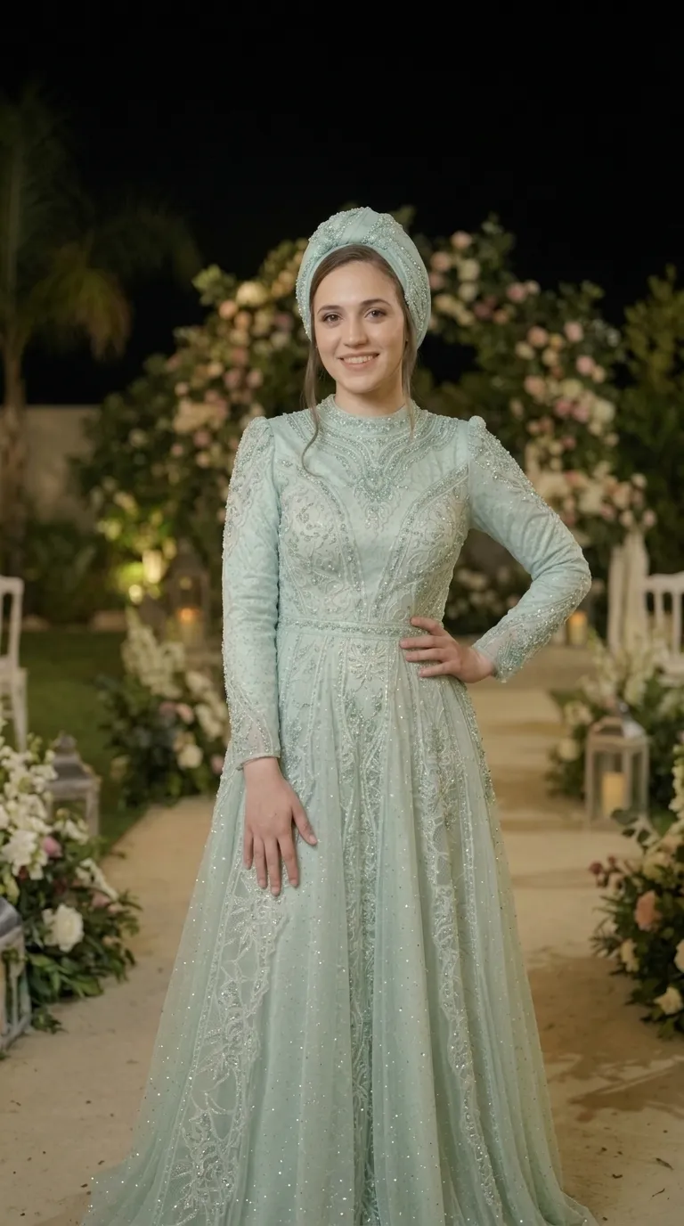 A luxurious A-line evening dress in mint green, featuring a flowing skirt and a waist accentuated with beaded embellishments. The dress has a high neckline and long sleeves with slightly puffed shoulders, and is made of rich lace fabric combined with intricate embroidery, delicate beads and sparkling sequins throughout.