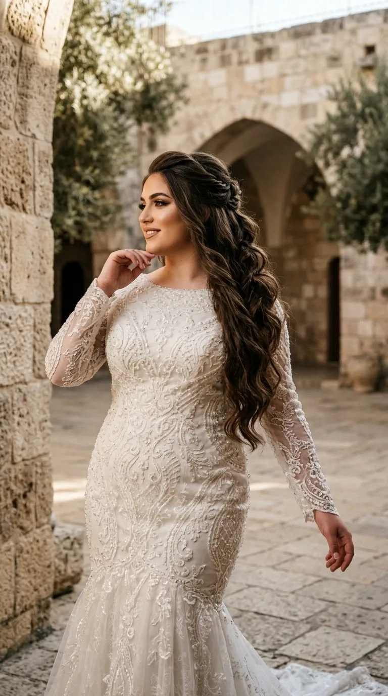 שמלת כלה לבנה בגזרת בת הים, המעוטרת לכל אורכה ברקמות תחרה מורכבות ובחריזה עדינה של פנינים או חרוזים. לשמלה מחשוף עגול וסגור ושרוולים ארוכים עשויים תחרה שקופה למחצה עם עיטורים תואמים, והיא מתרחבת בחלקה התחתון לשובל עשיר בבד טול ותחרה.