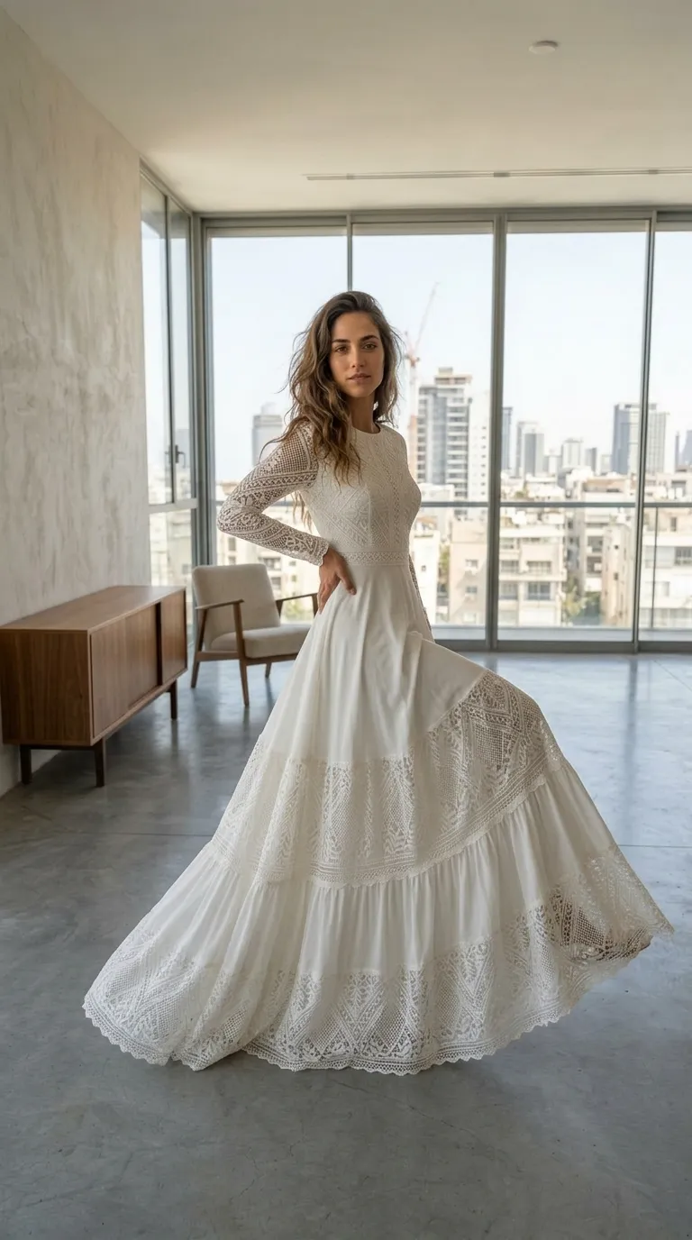 שמלת כלה לבנה בגזרת A עם שרוולים ארוכים מתחרה גיאומטרית וצווארון עגול וסגור. החלק העליון צמוד ומעוטר בדוגמאות תחרה עדינות, המתחברות לחצאית ארוכה ושופעת הבנויה מקומות של בד חלק ושולי תחרה רחבים. השמלה משלבת אלמנטים של קרושה וריקמה לאורכה ליצירת מראה בוהמי עשיר בטקסטורות.